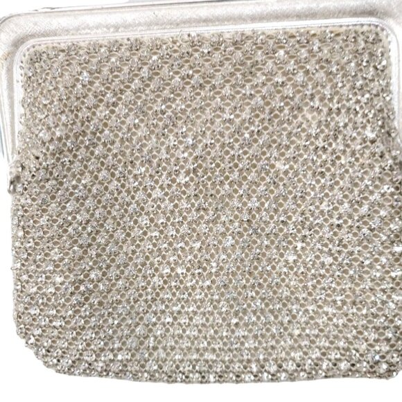 Vintage Formal Evening Bag Silver Rhinestones Kiss Lock Chain - Picture 4 of 6